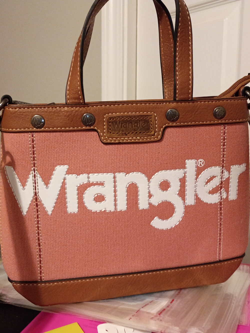 Wrangler Coral Pink Canvas Tote with Brown Leather Trim